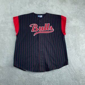 Starter NBA Licensed Bulls Jersey Button-Up Shirt L Black & Red Stripes 4346
